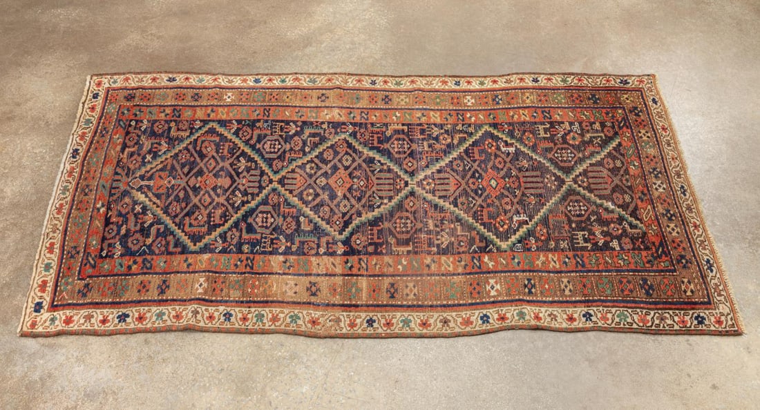 PERSIAN HAND WOVEN KURDISH RUG: Persian, 20th century. Hand woven Kurdish rug, animals, people, buildings and florals with some geometric, decorated in colors of blue, green, red and tan. Apparently unsigned. Approximate dimensions: