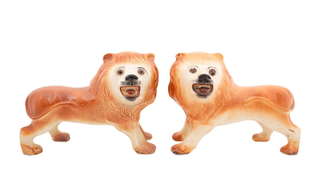 PAIR 19TH C. STAFFORDSHIRE CERAMIC LION SCULPTURES (1 of 6)