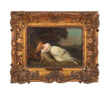 ATTR. RICHARD WESTALL DANCING GIRL O/C: Attributed to Richard Westall (British, 1765-1836). 'Reclining Dancing Girl', oil on canvas, apparently unsigned, brass name plate with title affixed to frame. Period frame. Approximate dimensions: ca