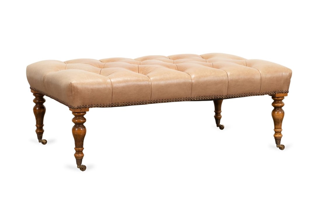 ENGLISH TAN LEATHER CHESTERFIELD OTTOMAN (1 of 6)