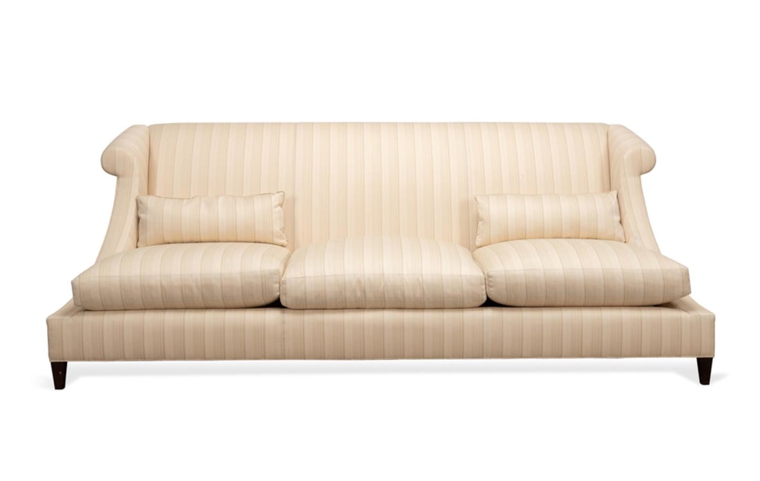 THOMAS PHEASANT FOR BAKER 'VILLA' SOFA: Thomas Pheasant (American, b. 1955) for Baker Furniture (American, founded 1890). Three-seat 'Villa' sofa, having downswept arms, loose partial down filled seat cushions, and rising on tapering legs,