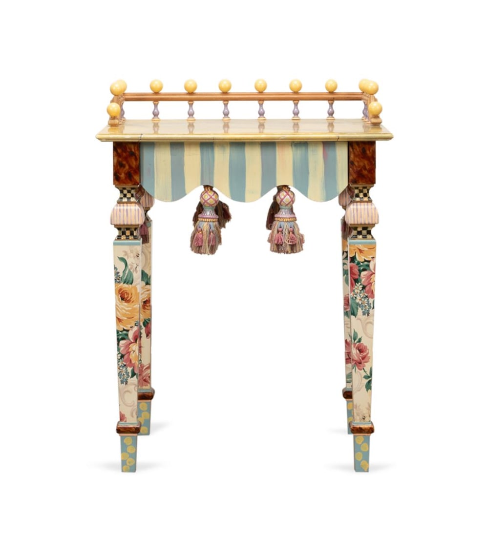 MACKENZIE-CHILDS VANITY WITH FLORAL LEGS & TASSELS (1 of 6)