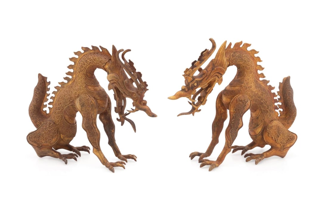 PAIR, TANG STYLE GOLD METAL DRAGON FIGURES (1 of 6)