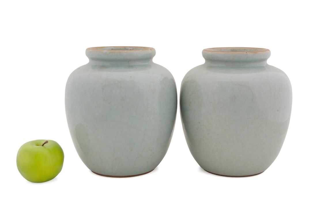 PAIR, CHINESE CELADON GLAZED CERAMIC JARS (1 of 6)