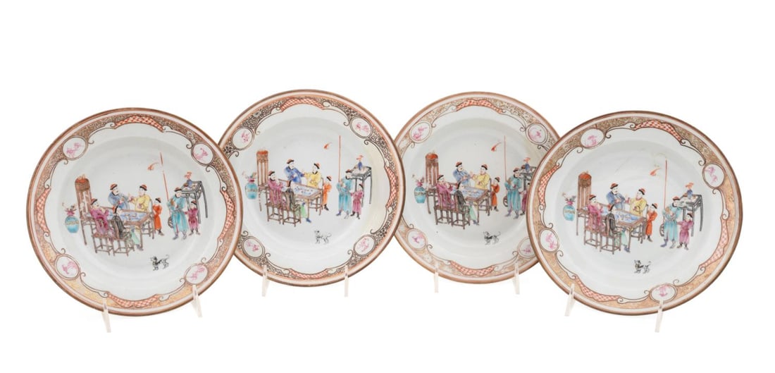 SET, FOUR CHINESE EXPORT FIGURAL MOTIF SOUP BOWLS (1 of 5)