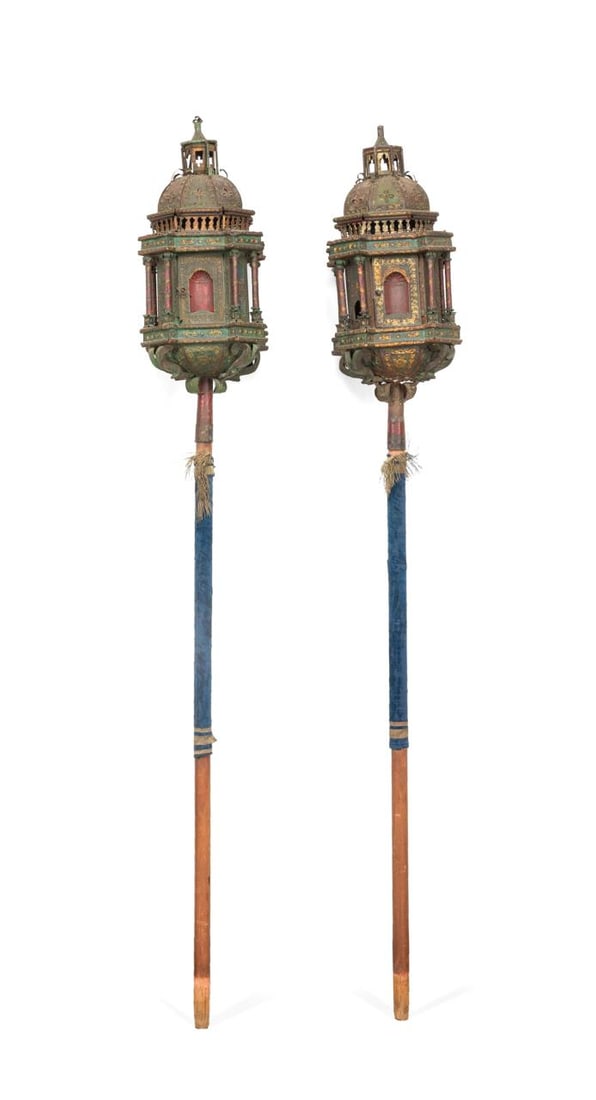 PAIR ITALIAN POLYCHROME GONDOLA LANTERNS, C. 1800 (1 of 6)
