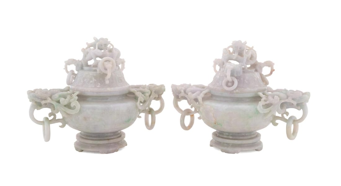 PAIR OF CHINESE JADEITE LIDDED DRAGON CENSERS (1 of 6)