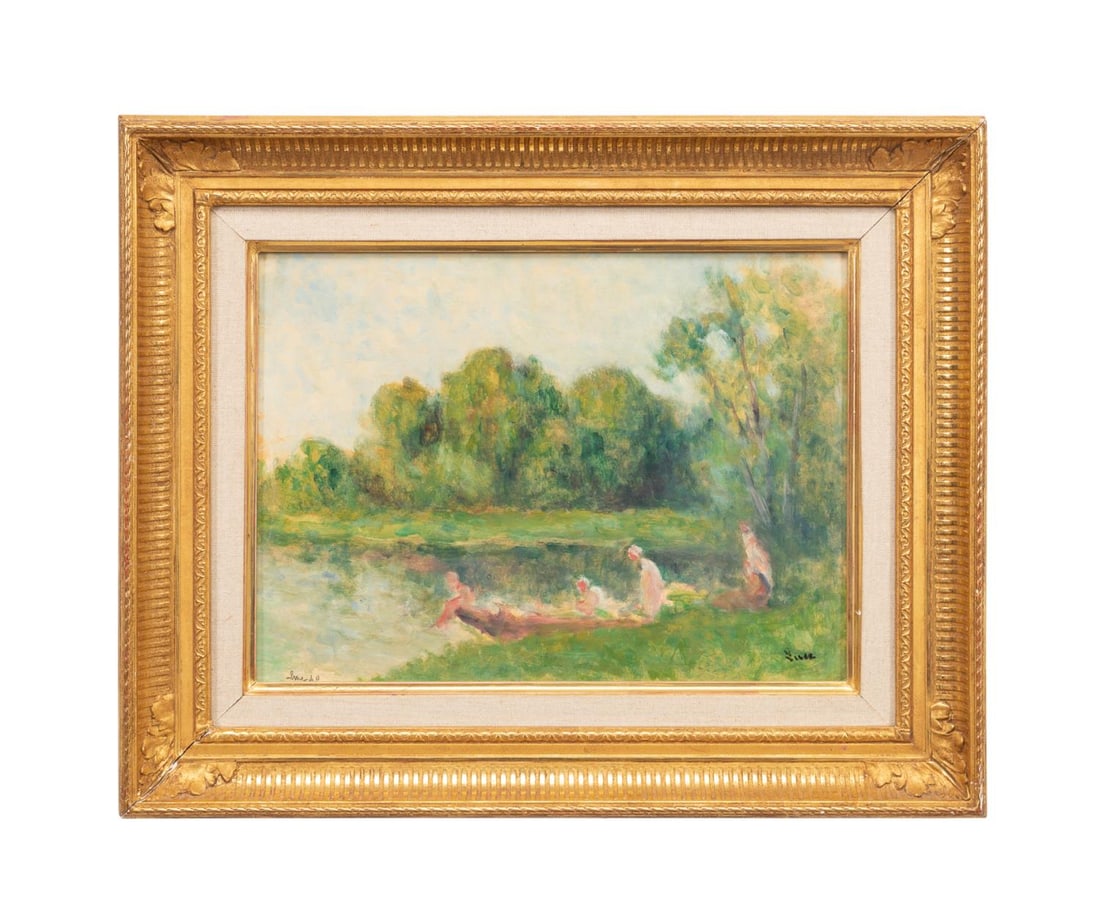 MAXIMILIEN LUCE, 'ROLLEBOISE BAIGNEUSE', O/C: Maximilien Luce (French, 1858-1941). 'Rolleboise Baigneuse (Rolleboise Bathers)' - 1940, oil on paper laid to canvas, signed and dated to LL, signed to LR. Framed. Note: Accompanied by an inscription