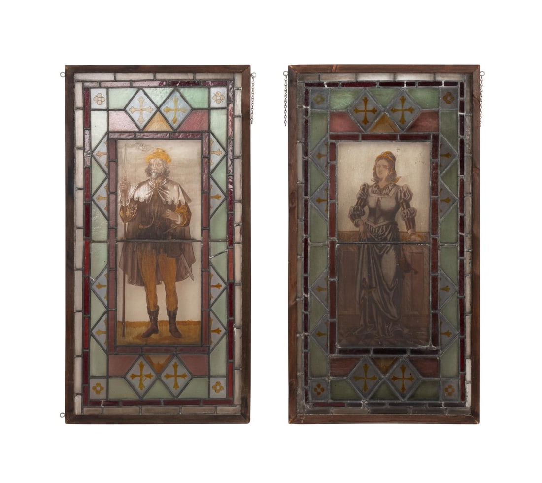 PAIR OF FIGURAL STAINED GLASS PANELS, C. 1870 (1 of 8)