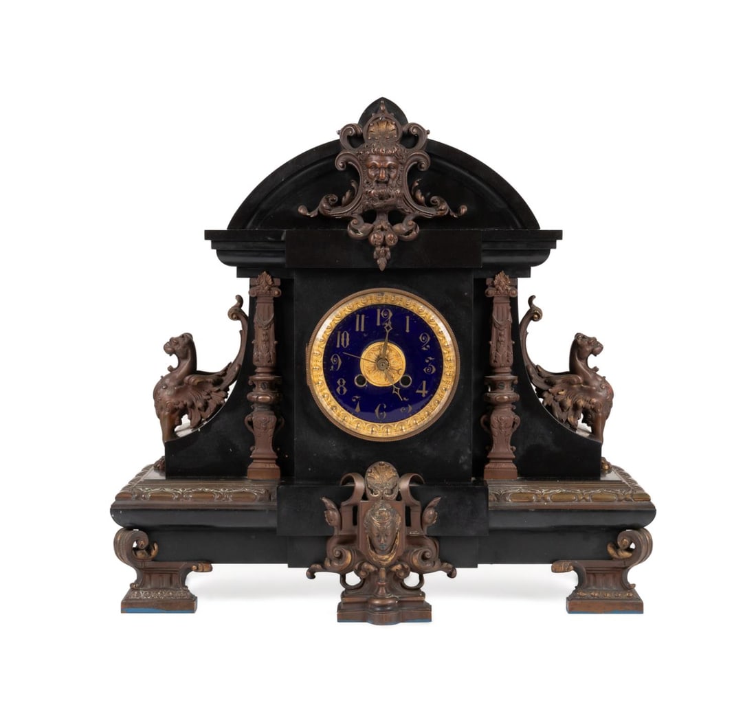 LARGE BLACK SLATE AND BRONZE MANTLE CLOCK (1 of 6)