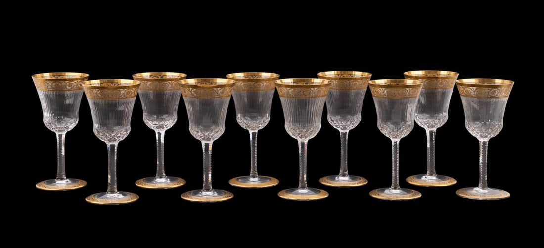 10PCS ST. LOUIS 'THISTLE' CLARET WINE GLASSES: Saint-Louis (French, founded 1586). Set of ten 'Thistle' (pattern introduced 1913) claret wine glasses, all appropriately marked. Approximate dimensions: h. 5.625".