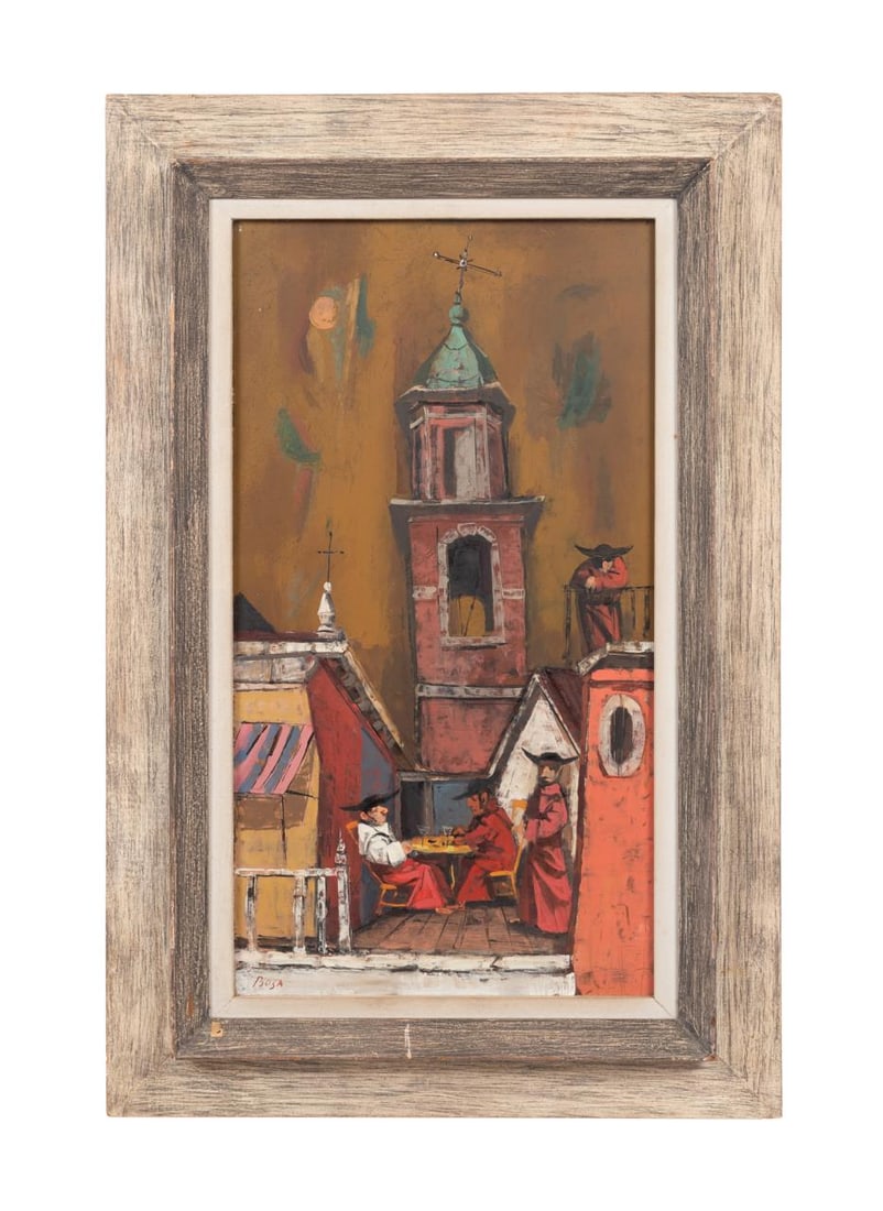 LOUIS BOSA 'WINE TIME IN VENICE' OIL ON BOARD: Louis Bosa (American, 1905-1981). 'Wine Time in Venice', oil on board, signed to LL, titled verso, with Milch Galleries, NY label verso. Framed. Provenance: Private Collection of Mr and Mrs. R. Cotton