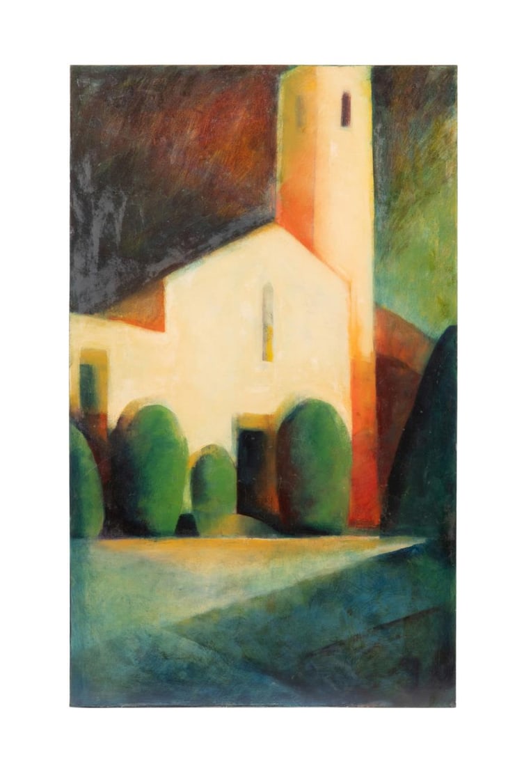 KATHLEEN DUNNE, 'LE ROURET CHURCH' LARGE O/C: Kathleen Dunne (American, b. 1933). 'Le Rouret Church' - 1998, oil on canvas, apparently unsigned, titled and dated to verso. Unframed. Approximate dimensions: canvas h. 60", w. 36", d. 1.5".