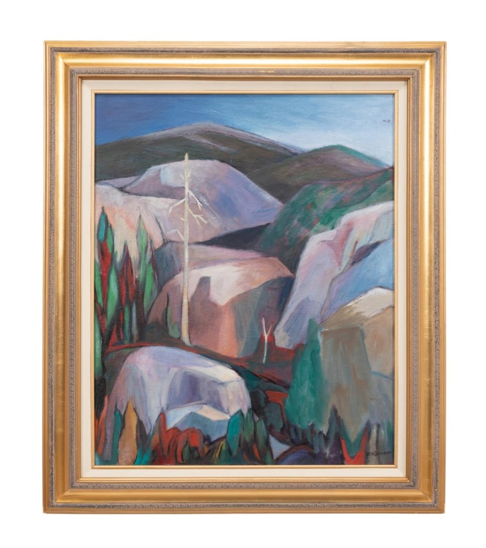 W.H. JOHNSON STYLE, MODERN CUBIST LANDSCAPE, O/C: Style of William Henry Johnson (American 1901-1970). Untitled - Mountain Landscape, oil on canvas depicting a cubist style landscape, spurious signature to LR. Framed. Provenance: Private Collection,