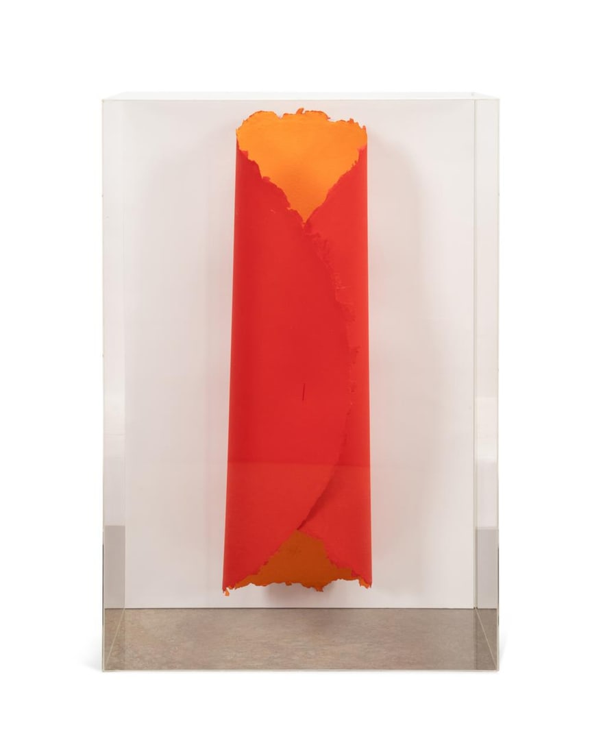 DAN FLAVIN, 'GUGGENHEIM TONDO' SERIES MEZZOTINT: Dan Flavin (American, 1933-1996). 'Guggenheim Tondo' Series - 1994, red/orange double sided mezzotint, numbered 7 of 15, signed in graphite to CL. In acrylic case. Provenance: Private Collection, Pine