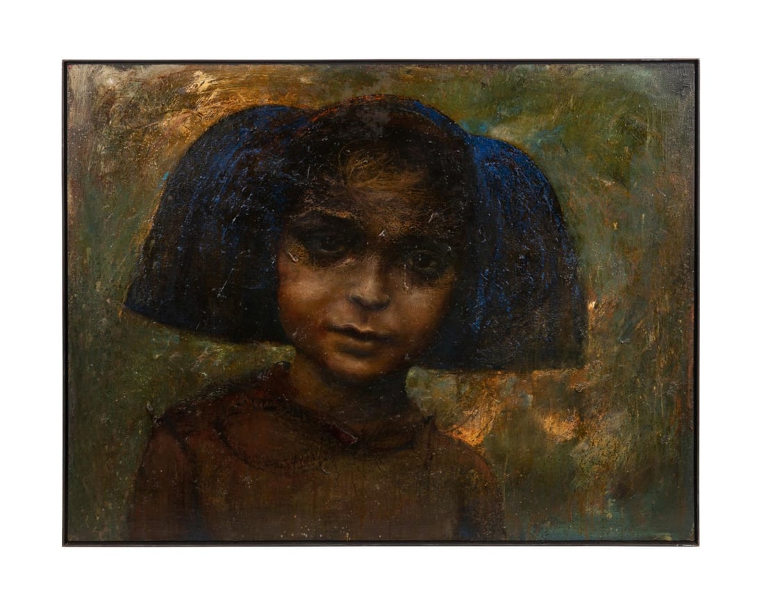 KATHLEEN MORRIS, 'GIRL WITH BLUE WINGS' O/C, 2001: Kathleen Morris (American, born 1946). 'Girl with Blue Wings' - 2001, oil on canvas, signed, titled, dated and gallery label to verso for The Lowe Gallery, Atlanta, GA. Framed. Provenance: Private Col