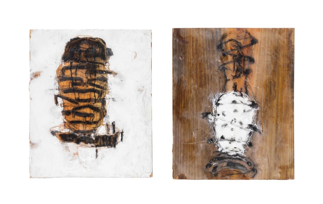 UDO NOGER MODERN FIGURAL WORKS ON BOARD: Udo Noger (German, b. 1961). 'Legs Sailing to My Head' and 'Vessels of Sleep' - circa 1997, wax, acrylic, charcoal and wood, initialed verso, with '#070 & #069', with 'Lowe Gallery, Atlanta, Ga.' labe