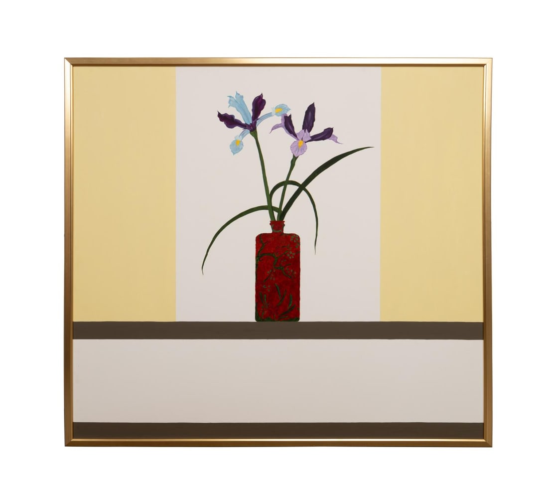 ED BAYNARD 'TWO IRIS IN AN ORIENTAL VASE' O/C: Edward (Ed) Baynard (American, 1940-2016). 'Two Iris in an Oriental Vase' - 1986, oil on canvas, signed, titled and dated to upper stretcher verso. Framed. Approximate dimensions: canvas h. 52.25", w.