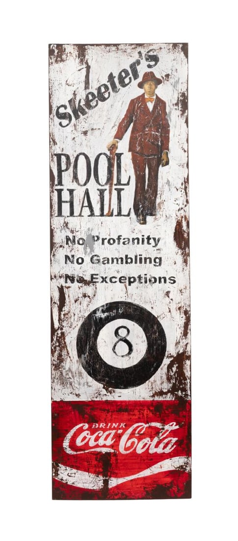 CEDRIC SMITH 'SKEETER'S POOL HALL' MIXED MEDIA: Cedric Smith (American, b. 1970). 'Skeeter's Pool Hall' - 2005, mixed media, titled, dated, signed and remarqued verso. Provenance: The Heard Collection, Smyrna, GA. Approximate dimensions: h. 80", w.