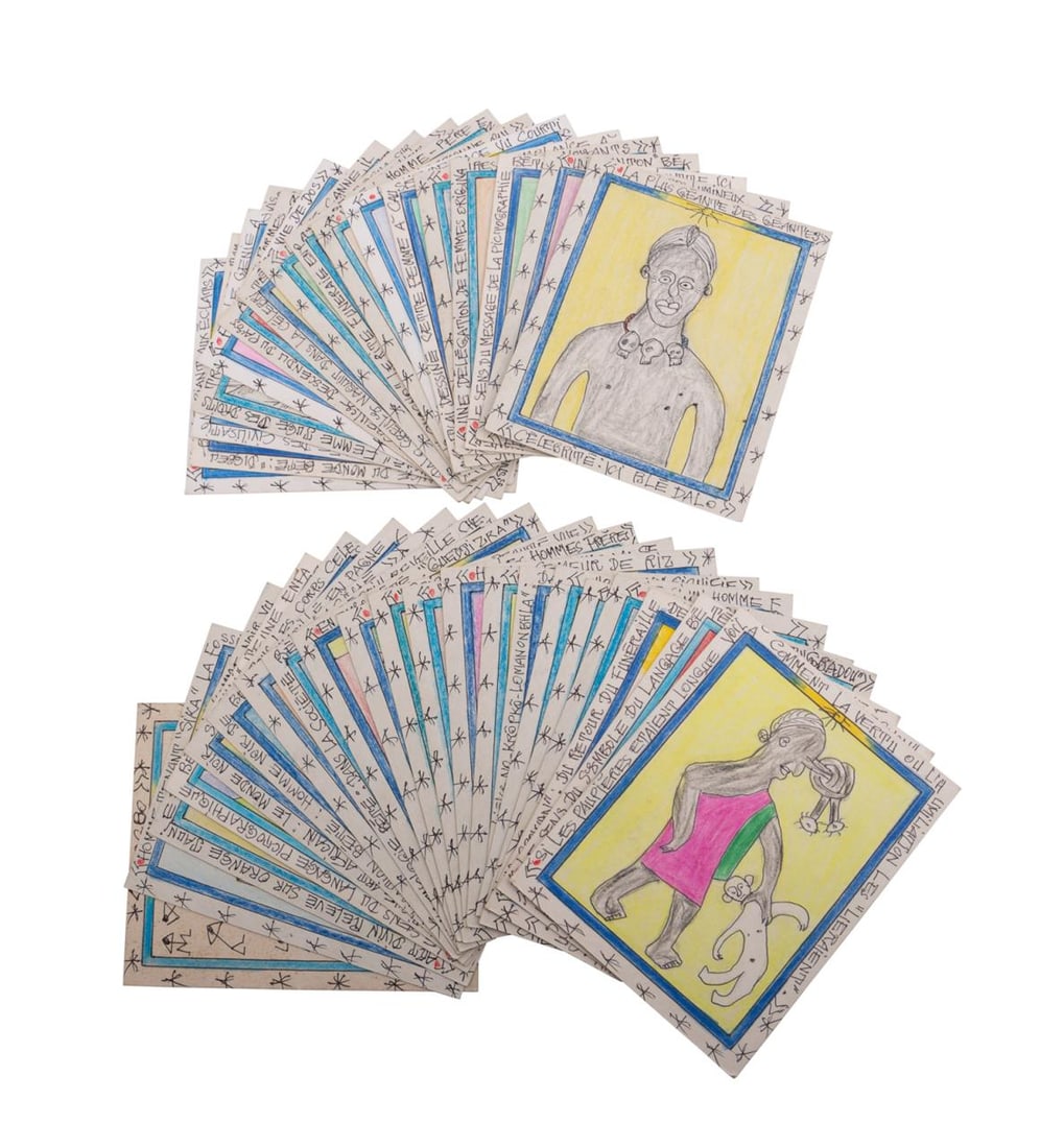 FREDERIC BRULY BOUABRE, 40PC MIXED MEDIA ON CARDS: Frederic Bruly Bouabre (Cote D'Ivoire / French 1921-2014). Untitled - 40 piece group of figural and non-figural cards, mixed media on card stock, each tilted in ink around margins on front, each dated