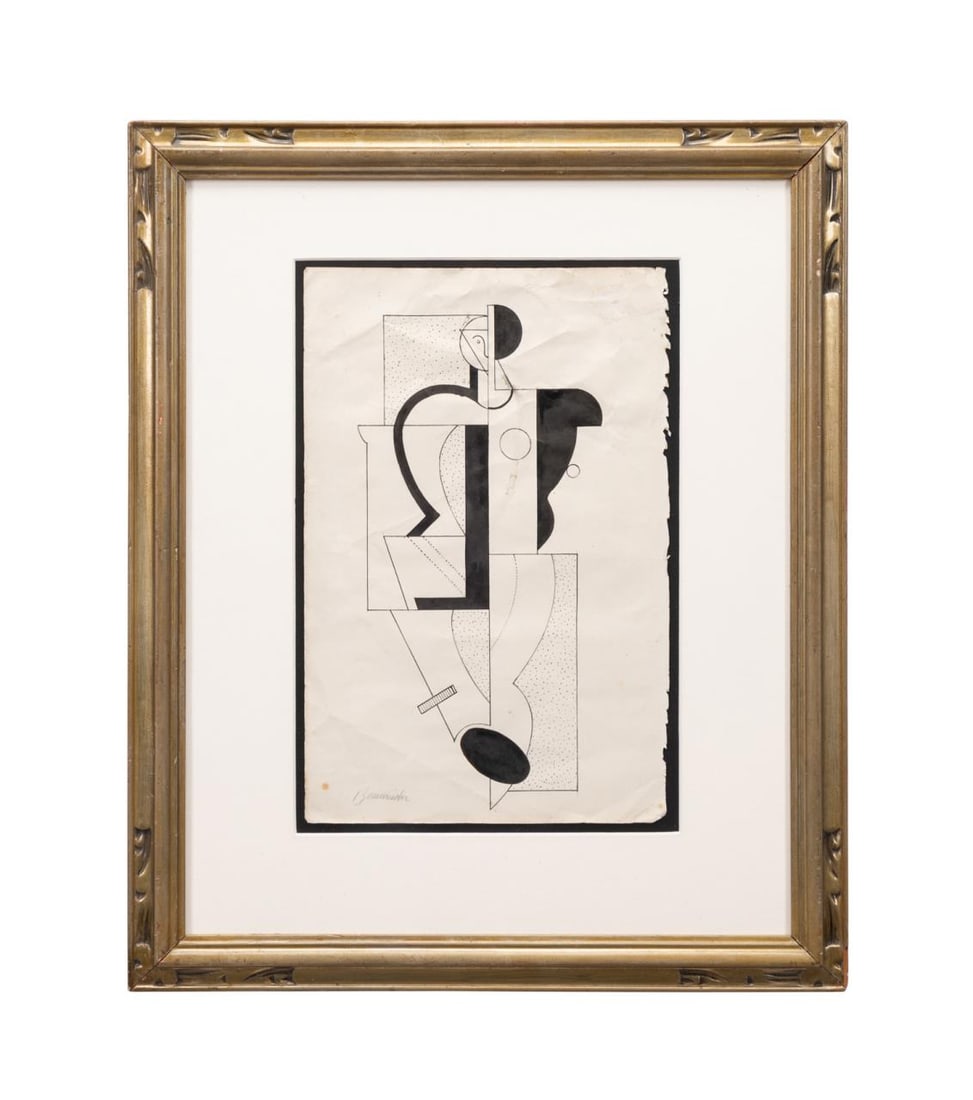 WILLI BAUMEISTER FIGURAL SKETCH INK ON PAPER: Willi Baumeister (German, 1889-1955). Untitled - Early Apollo sketch, ink on paper, signed in pencil to LL, Walter Klein - Berlin stamp to LR of verso, 'Darius Talyarker 31 Pont St., London, SW 1' and