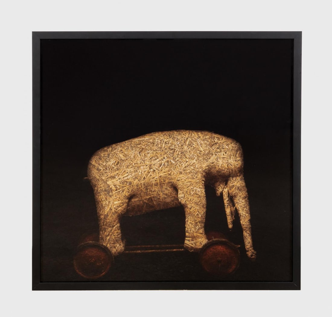 TODD MURPHY 'STRAW ELEPHANT' MIXED MEDIA: Todd Murphy (American (Georgia), 1962-2020). 'Straw Elephant', mixed media and burlap behind painted plexiglass, apparently unsigned. Framed. Provenance: Private Collection of Vern Yip, Atlanta, GA. A