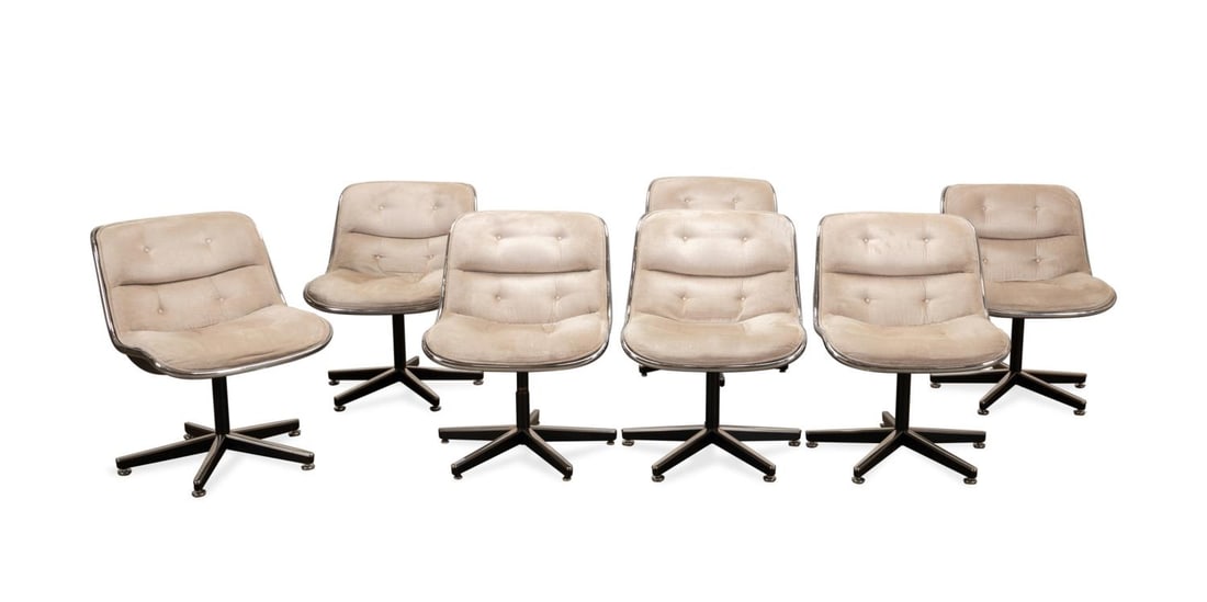 7 KNOLL CHARLES POLLOCK EXECUTIVE CHAIRS: Charles Pollock (American) for Knoll, second half 20th century. Set of seven Mid Century Modern 'Executive' chairs with tufted champagne color upholstery, molded plastic and raised on a chrome plated