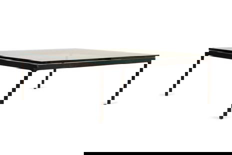NICOS ZOGRAPHOS GLASS BLACK METAL COFFEE TABLE: Nicos Zographos (American / Greek, 1931-2024) for Zographos Designs Ltd. Mid Century Modern square beveled glass top and black metal coffee table in the manner of Knoll, apparently unmarked. Provenanc