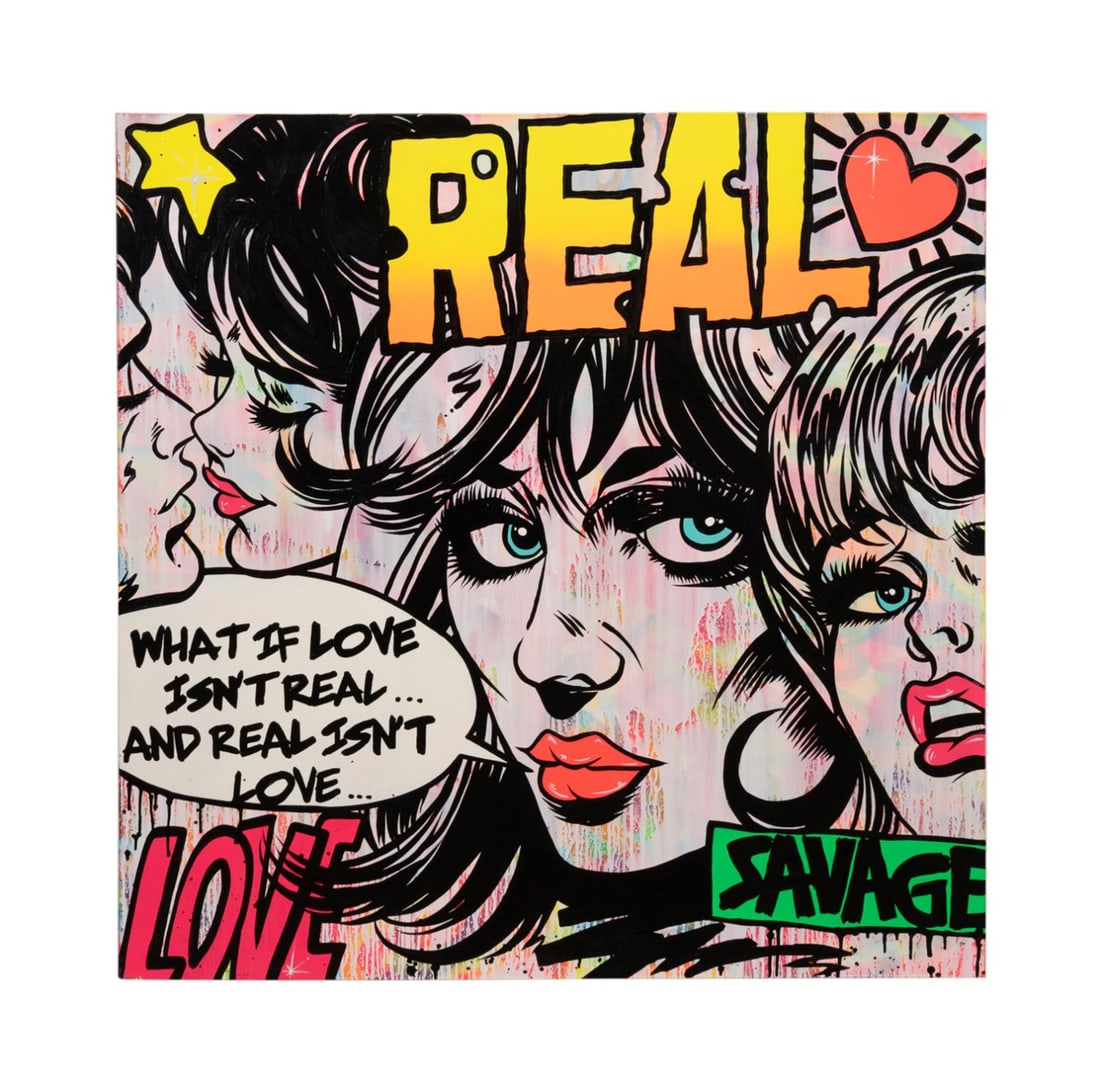 CHRIS HOBE 'REAL LOVE' ACRYLIC ON CANVAS: Chris Hobe (American, 20th-21st century). 'Real Love' - circa 2020, acrylic on canvas, signed with cypher verso. Provenance: The Heard Collection, Smyrna, GA. Approximate dimensions: h. 48", w. 48", d