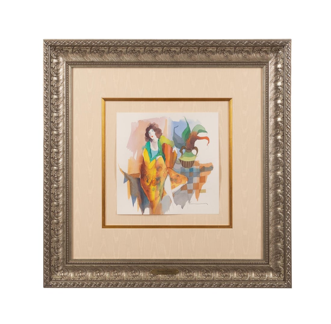 ITZCHAK TARKAY, WOMAN SEATED ON CHAISE WATERCOLOR: Itzchak Tarkay (Serbian/Israeli, 1935-2012). Untitled - Woman Seated On Chaise, watercolor on paper, signed 'Tarkay' to LR in black ink over blind stamp, with certificate of authenticity, signed by 'B