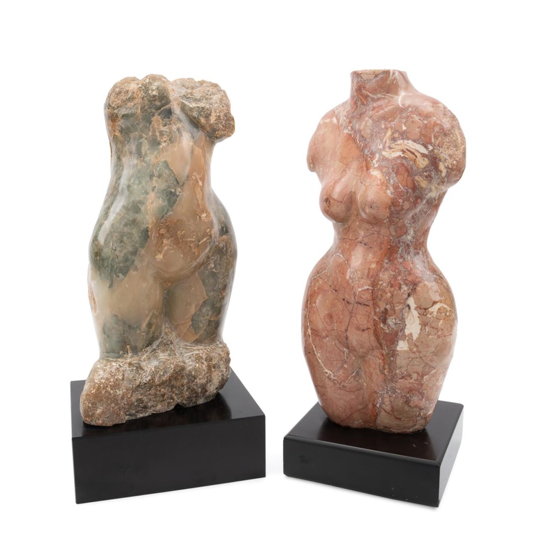 TWO MODERN FEMALE NUDE STONE SCULPTURES: American or European School. Untitled - Two Female Nudes - undated, one rouge marble, signed 'E.M.' to LR, one green alabaster, apparently unsigned. On black plinths. Provenance: Private Collection, A