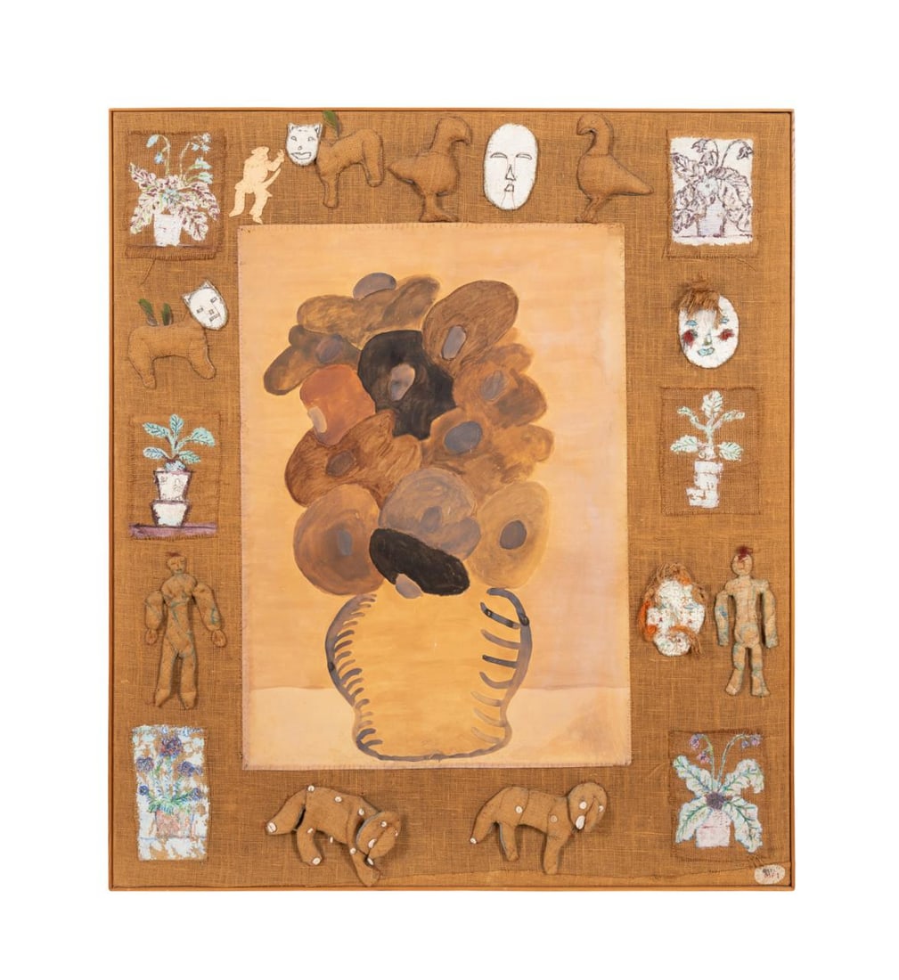 MARGARET ISRAEL 'ENFANTINES #1' FRAMED MM/BURLAP: Margaret Ponce Israel (American / Cuban, 1929-1987). 'Enfantines #1' - 1979, oil and mixed media on burlap, signed to LR, signed, titled and dated in pencil to UC of stretcher verso. Framed. Provenanc