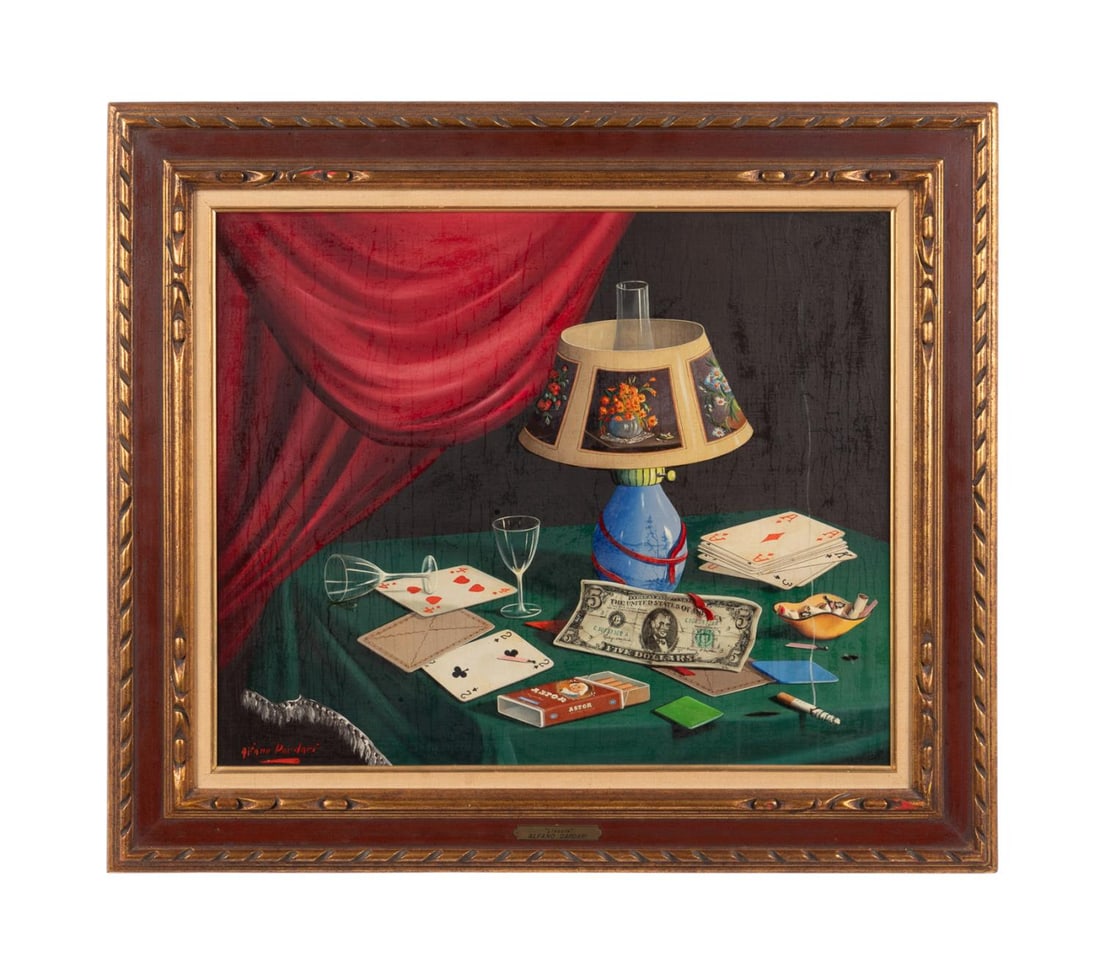 ALFANO DARDARI STILL LIFE OIL ON CANVAS: Alfano Dardari (Italian, 1924-1988). 'Lincoln', oil on canvas laid to masonite, signed 'Alfano Dardari' to LL. Framed. Provenance: Private Collection, Marietta, GA, Approximate dimensions: canvas h. 1