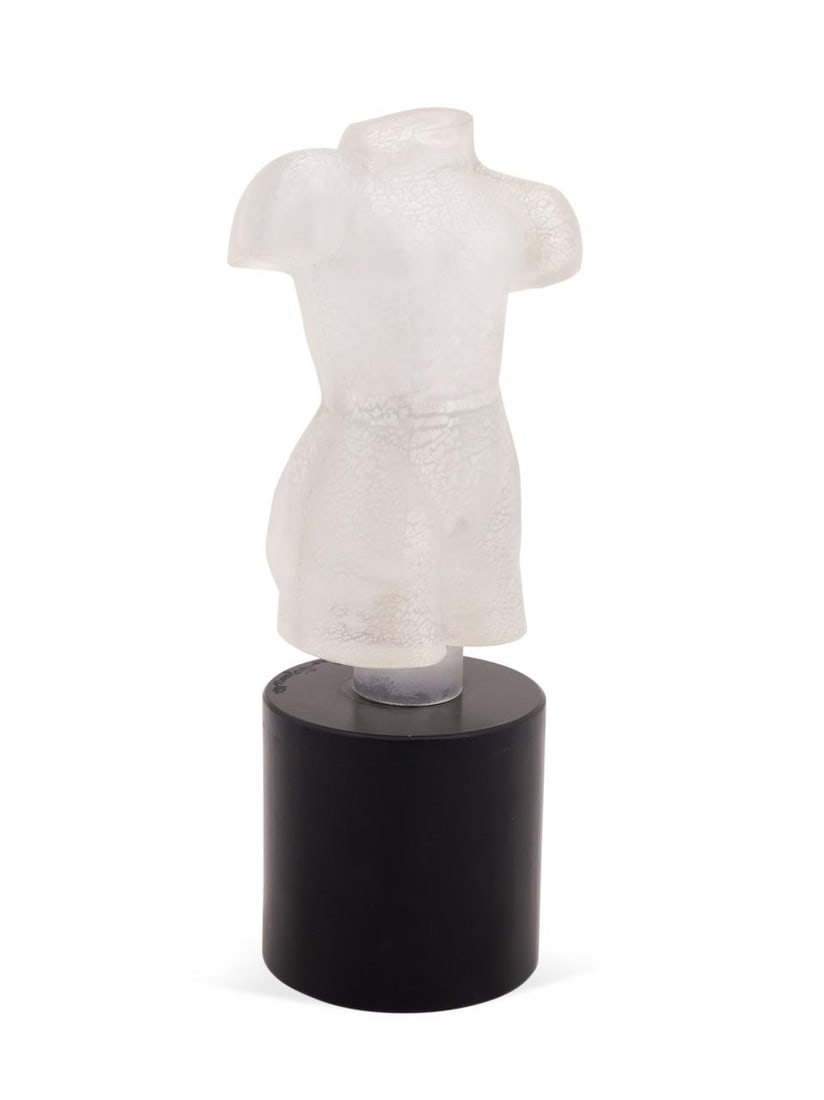 PINO SIGNORETTO, MODERN MURANO 3/4 MALE NUDE TORSO: Pino Signoretto (Italian, 1944-2017). Untitled - Nude Male Torso - undated, colorless frosted iridescent art glass, signed to base with partial CAM Vetri D'Arte label. On attached base. Provenance: Fr