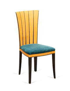 ELIEL SAARINEN CRANBROOK MAPLE DINING CHAIR: Eliel Saarinen (Finnish / American, 1873-1950) for Charles Phipps & Sons (American, founded 1962), designed 1929. 'Cranbrook' ebony and maple side or dining chair, with a teal upholstered seat, brass