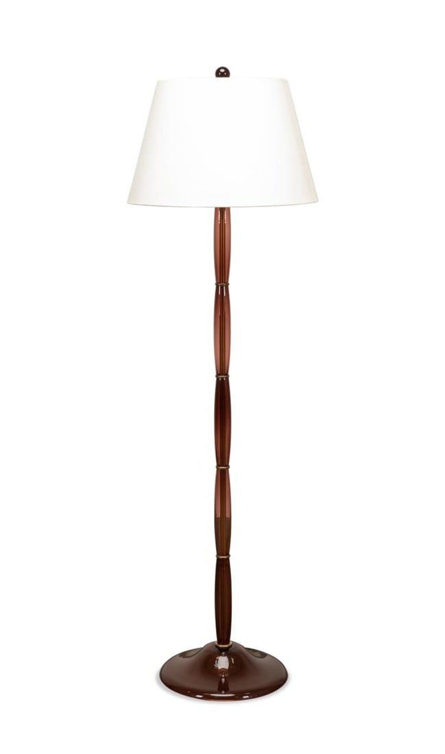 JOHN HUTTON FOR DONGHIA 'GIGANTE' GLASS FLOOR LAMP: John Hutton (American, 1947-2006) for Donghia (American, founded 1968), late 20th century. Italian Murano glass 'Gigante' floor lamp, having a segmented amethyst-rose glass body, and rising on a domed