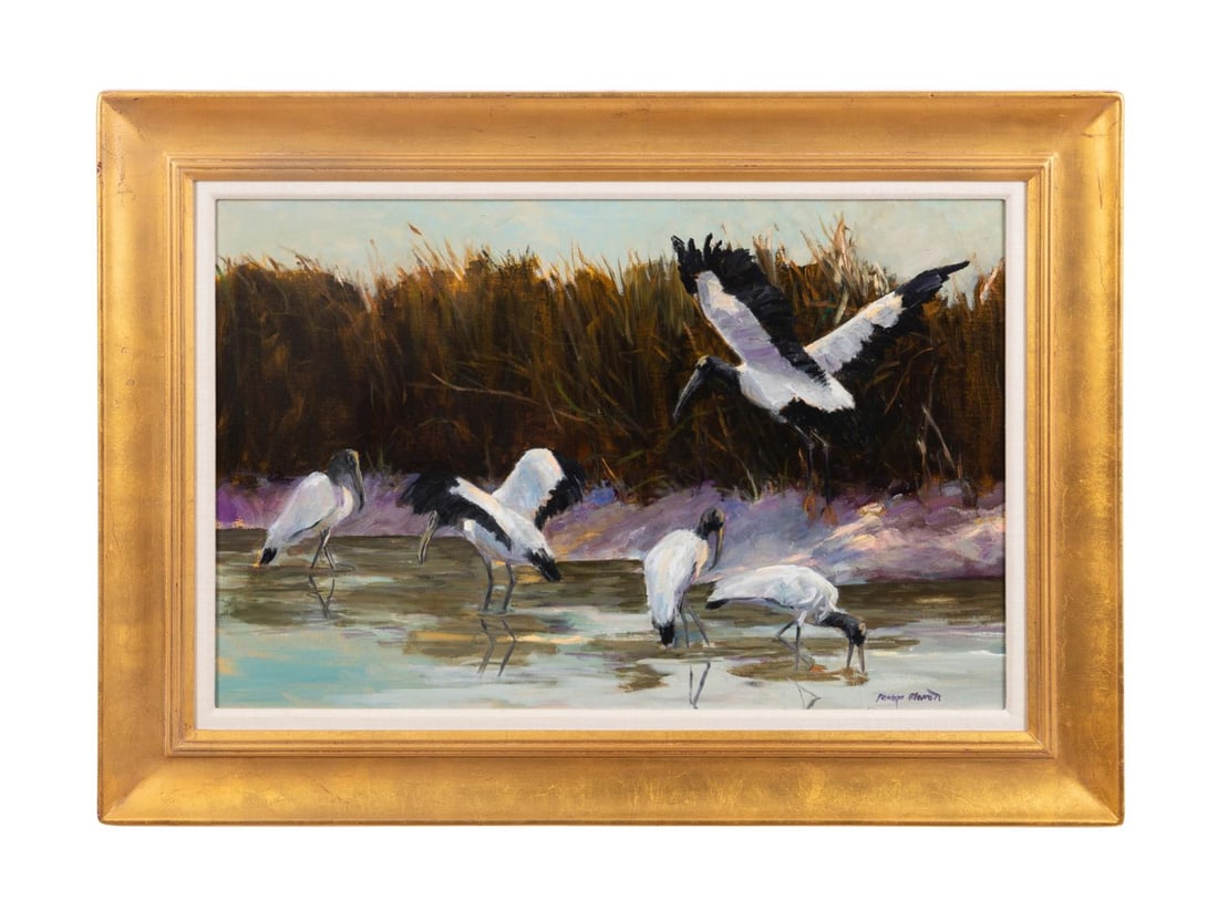 PEGGY EVERETT 'WOOD STORKS' OIL ON MASONITE: Peggy Bruce Everett (American, 20th century). 'Wood Storks; - 1995, oil on board, signed 'Peggy Everett' to LR, titled and dedication verso. Framed. Provenance: Private Collection, Pine Mountain, GA.