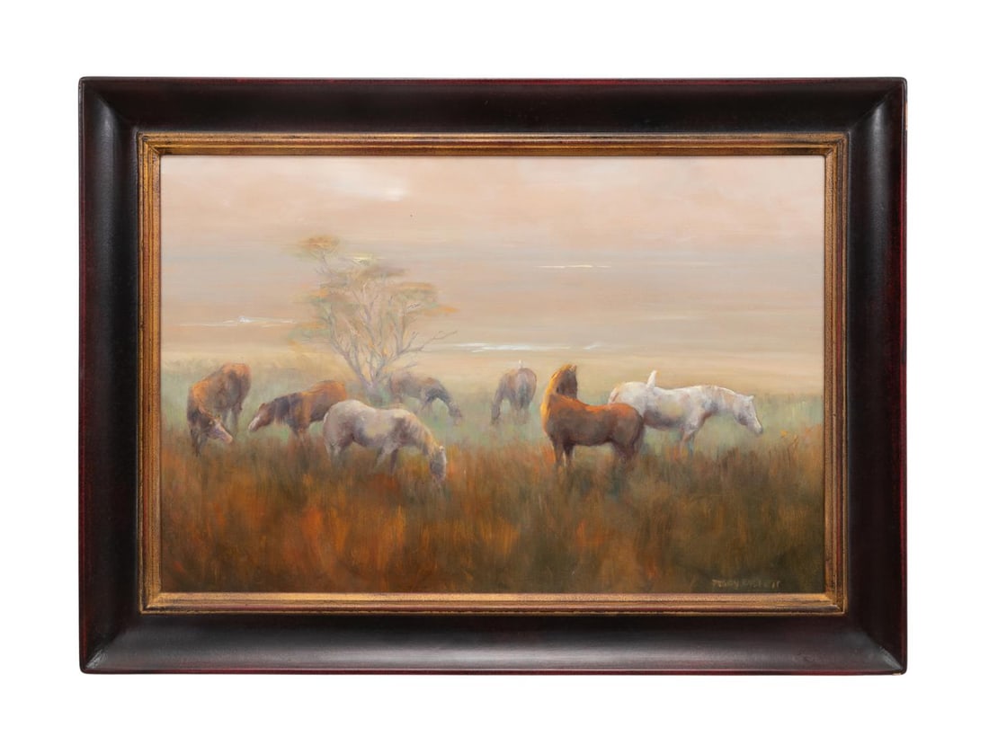 PEGGY EVERETT 'WILD HORSES' OIL ON MASONITE: Peggy Bruce Everett (American, 20th century). 'Cumberland Island, Wild Horses' - 2002, oil on masonite, signed 'Peggy Everett' to LR, titled and dedication verso. Framed. Provenance: Private Collectio