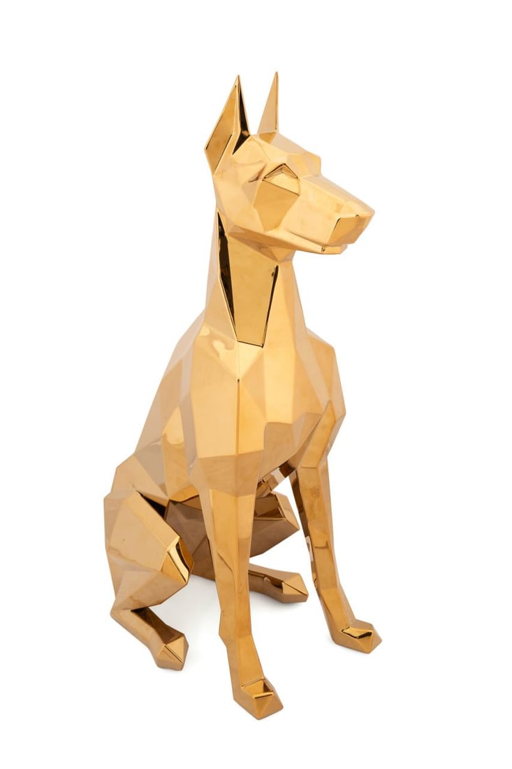 ANDREW KAZANTSEV, CUBIST DOBERMAN SCULPTURE: Andrew aka Andrei or Andrey Kazantsev (Russian, 20th / 21st century). 'Doberman', gold tone coated stainless steel sculpture, etched signature to back hip, marked 112 to underside of tail. Approximate