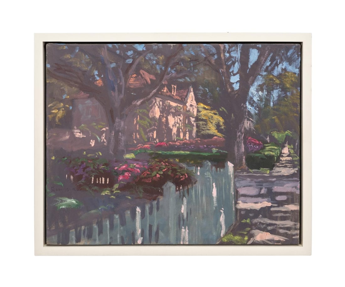 PHIL SANDUSKY 'ORANGE HOUSE' SCENE O/C: Phil Sandusky (American, born 1957). 'Orange House' - late 20th / early 21st century, oil on canvas, signed to CL, label with title to verso. Framed. Provenance: Private Collection of D. Thiel, Sr., A