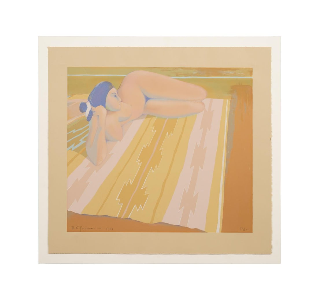 R.C. GORMAN NUDE WOMAN ON BLANKET LITHOGRAPH 1982: R. C. Gorman (American (Dine), 1932-2005). 'Nude Woman on Navajo Blanket' - 1982, color lithograph on paper, penciled signed and dated to LL, numbered 33/200 to LR. Unframed. Provenance: Private Colle