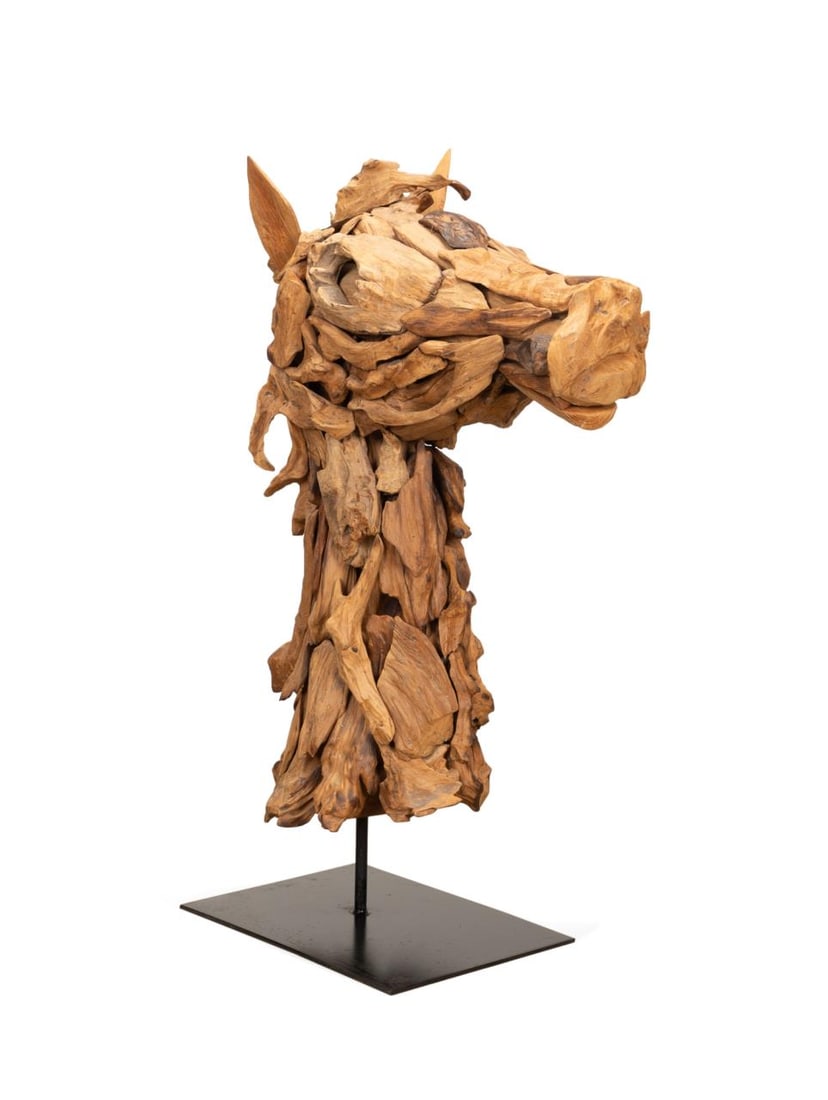 CARVED DRIFTWOOD HORSE HEAD SCULPTURE ON BASE: Manner of Deborah Butterfield. Untitled - Horse Head Sculpture, assembled driftwood on metal base. Unsigned. Provenance: Property from historic estate in South Georgia. Approximate dimensions: h. 36",