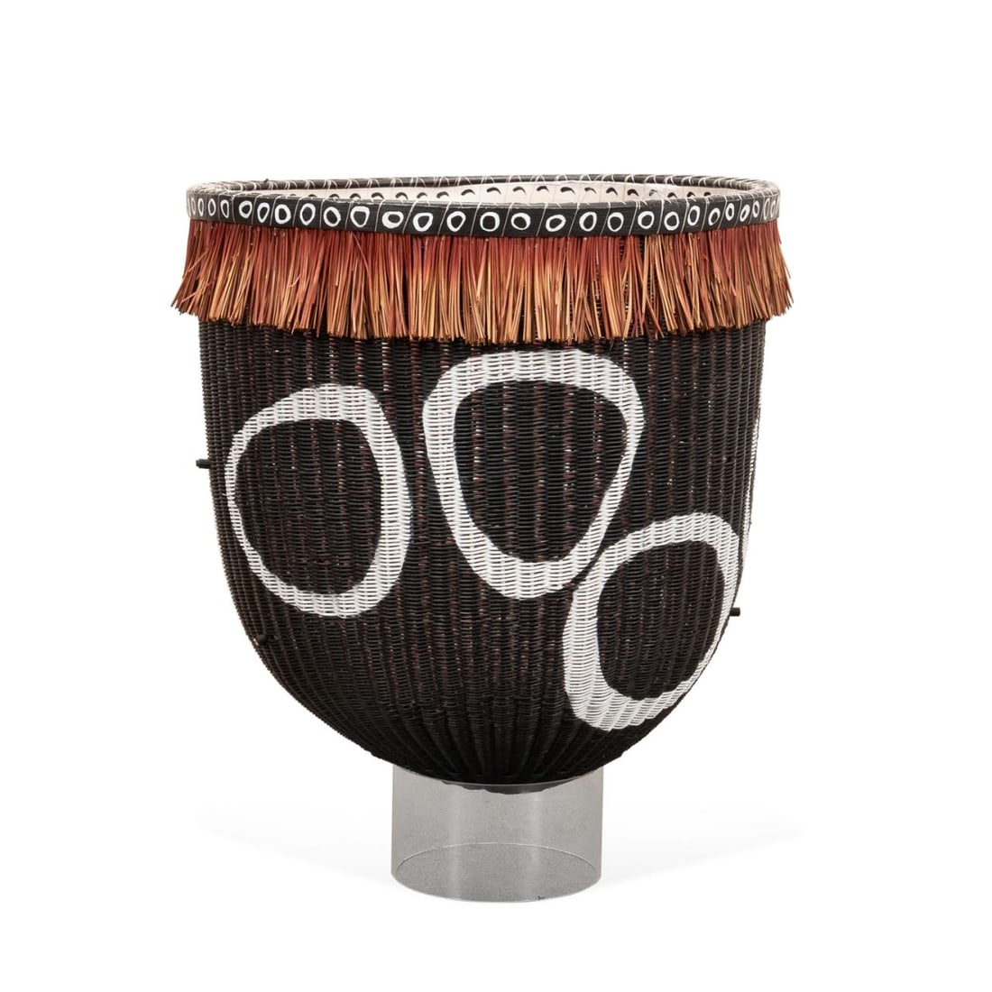 MICHAEL DAVIS BLACK AND WHITE REED VESSEL ON STAND: Michael Davis (American, born 1952). Untitled - Black and White Vessel, painted reed and wood, apparently unsigned. On acrylic stand. Provenance: From an important Atlanta estate. Approximate dimensio