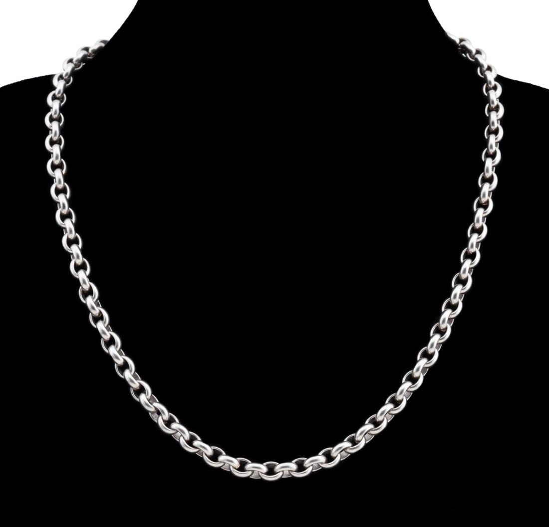 ROLO LINK NECKLACE PLATINUM AND 18K YELLOW GOLD: Rolo link necklace in platinum and 18k yellow gold. Marked "950". Approximate dimensions: total length 18"; total weight 90.5 grams. Note: Credit card payment will not be accepted for this Lot. Accept