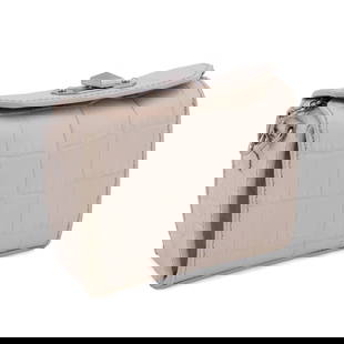 MCQUEEN CROC PATTERN LEATHER BOX 16 CROSSBODY BAG: Alexander McQueen. Crocodile embossed leather off-white Box 16 crossbody handbag, with silver tone hardware and taupe suede lining. Several maker's marks, serial number 544423-502179 to interior. Prov