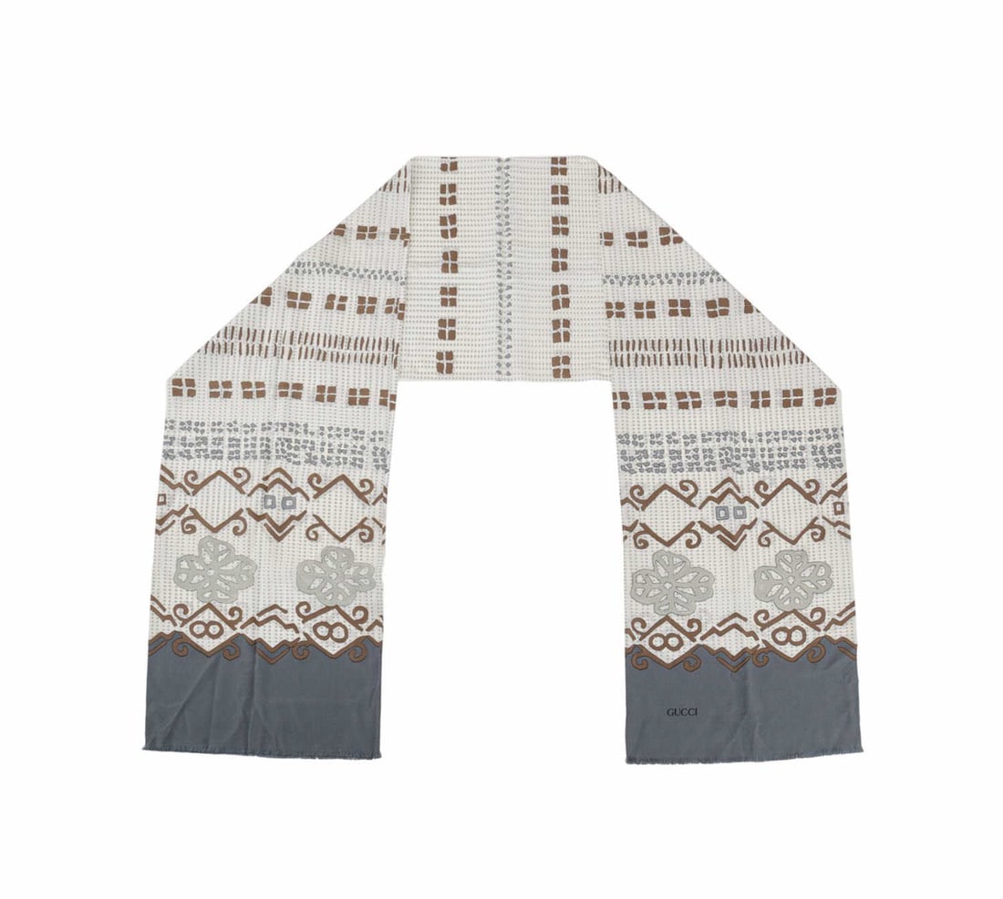 GUCCI VINTAGE GREY BROWN PATTERNED SILK SCARF (1 of 6)