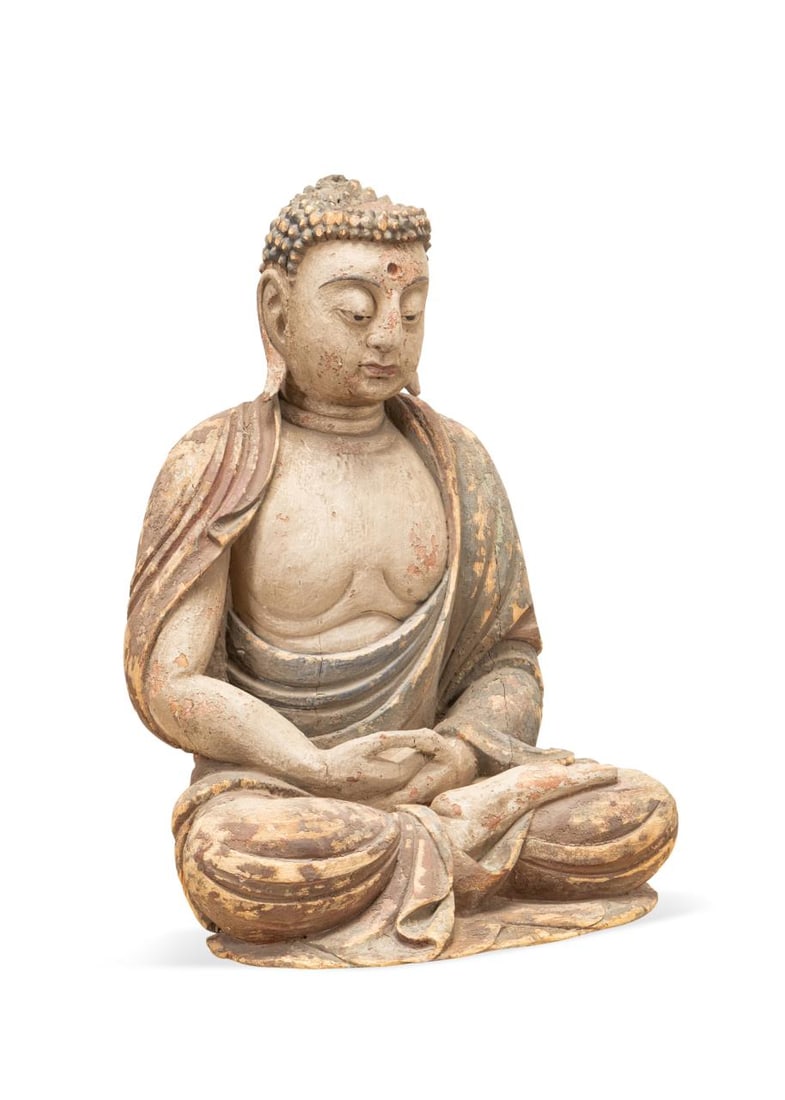 CHINESE CARVED WOOD FIGURE OF SEATED BUDDHA