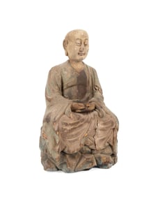 CHINESE CARVED WOOD SEATED LUOHAN