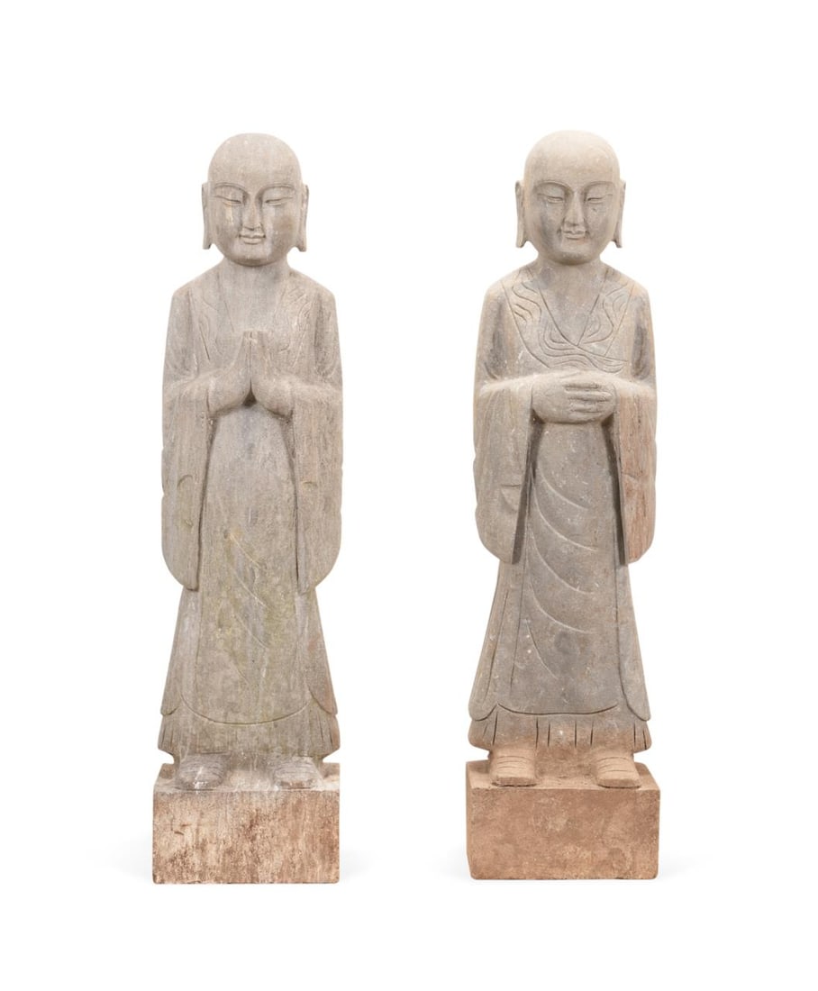 PAIR, CHINESE STONE LOHAN GARDEN FIGURES (1 of 6)