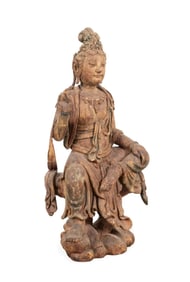 POLYCHROME WOOD FIGURE OF SEATED GUANYIN